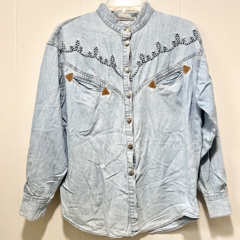 Vintage STYLES TO GO Embroidered Lasso Button Up Blouse Denim Western Shirt Sz 8